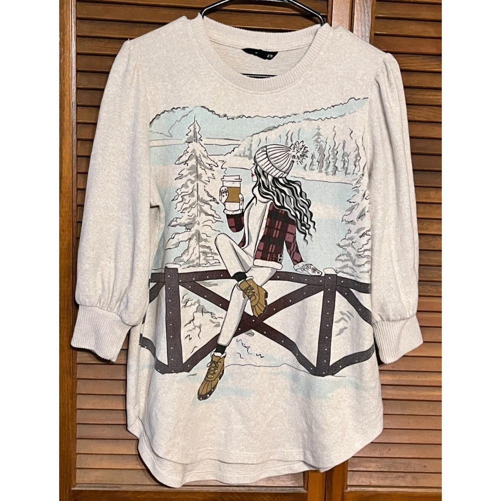 LOVE & LACE Sweatshirt Womens Soft‎ Medium Winter Scene Graphic Pullover 28x19